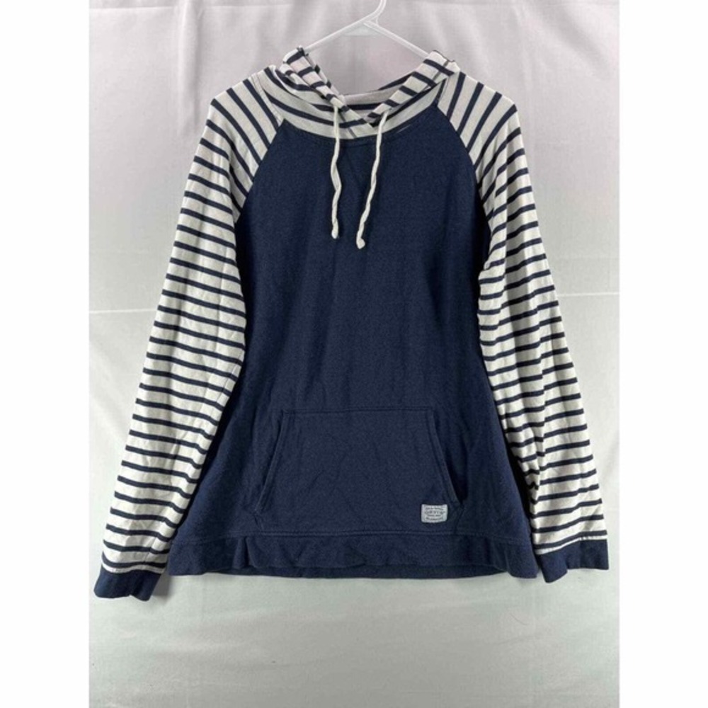 Orvis Womens Hoodie Large Blue Striped Color Block Long Sleeve Drawstring Pocket